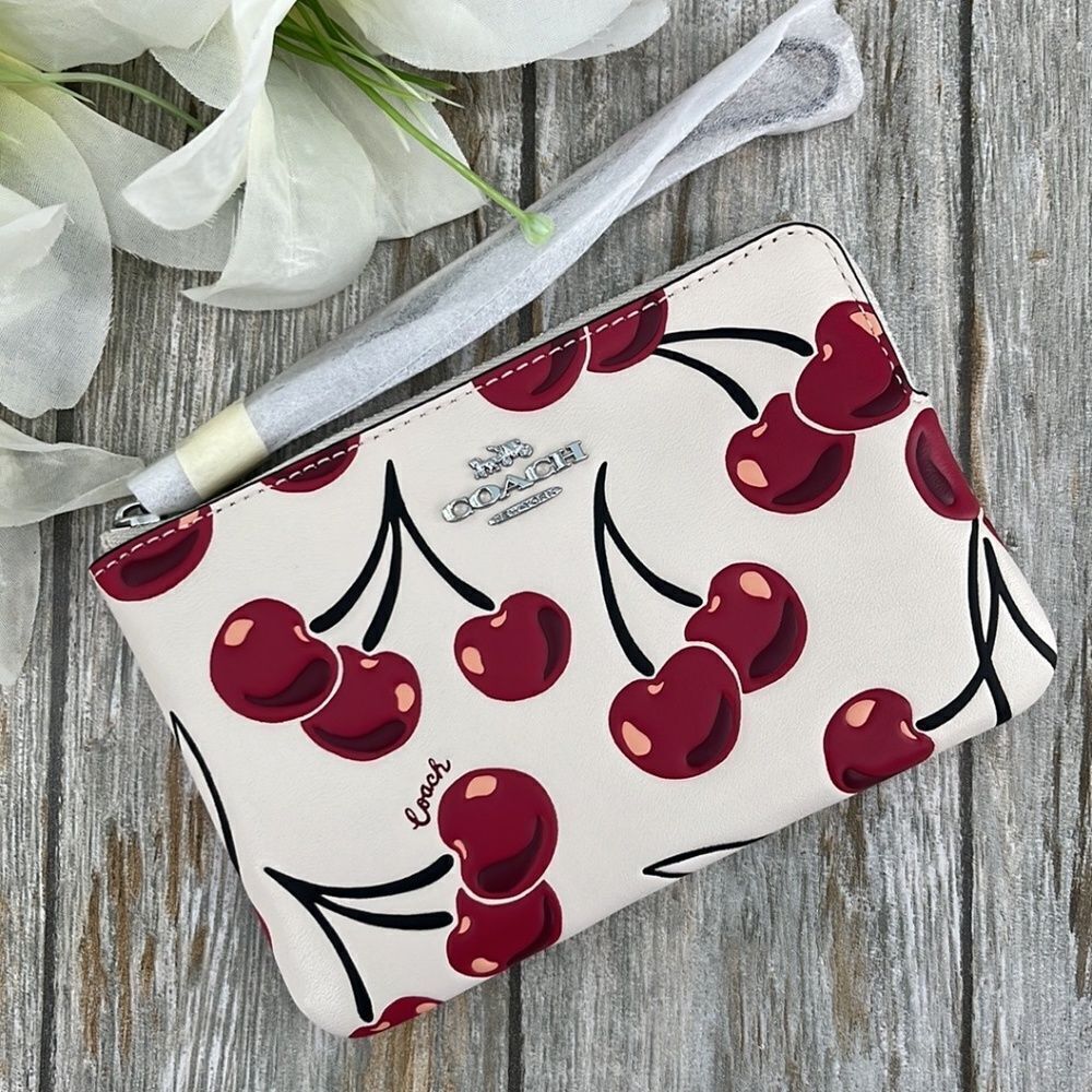 Coach Corner Zip Wristlet With Cherry Print Leather Wallet Bag Purse
